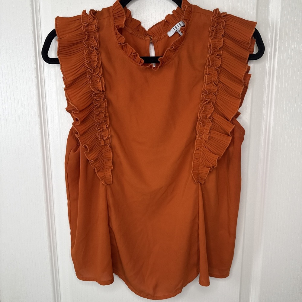 Iris Womens Large Rust Orange Ruffle Trim Sleeveless Blouse Top